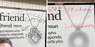 AI Friend subway ads with graffiti